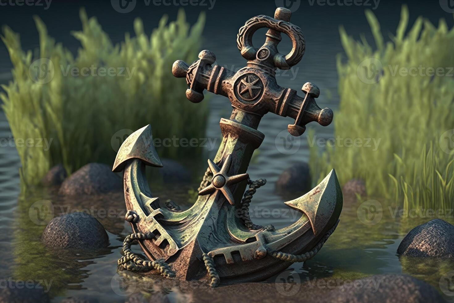 3D ancient metal anchor drop to the water. photo