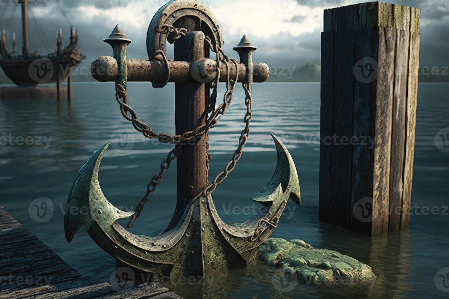 3D ancient metal anchor drop to the water. photo