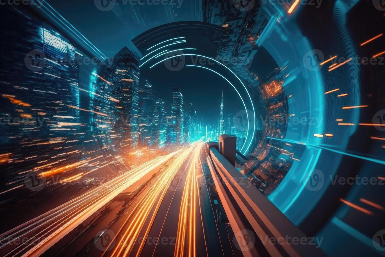 Warp speed in hyper loop with blur light from buildings' lights in mega city at night. photo