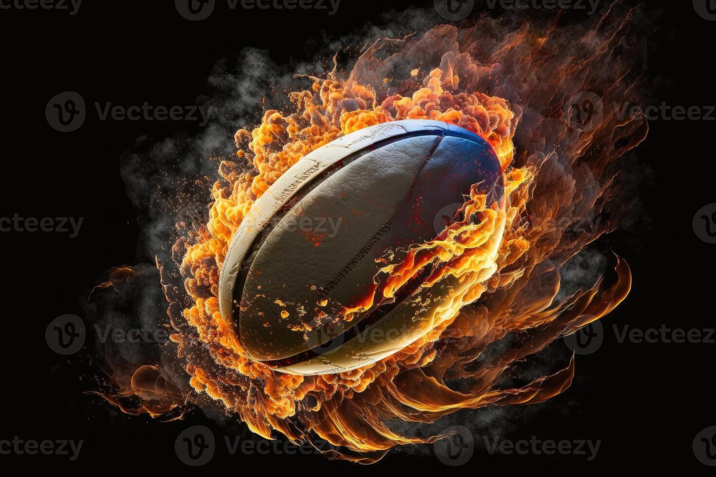 Flaming rugby in mid-air on dark background. photo