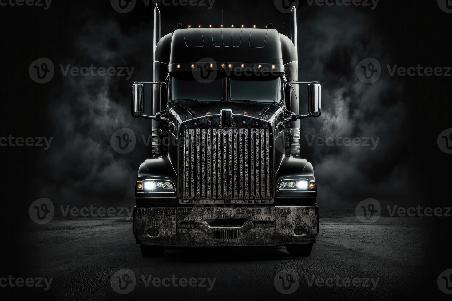 Front view of a truck on a black background. Aggressive dark tone. photo