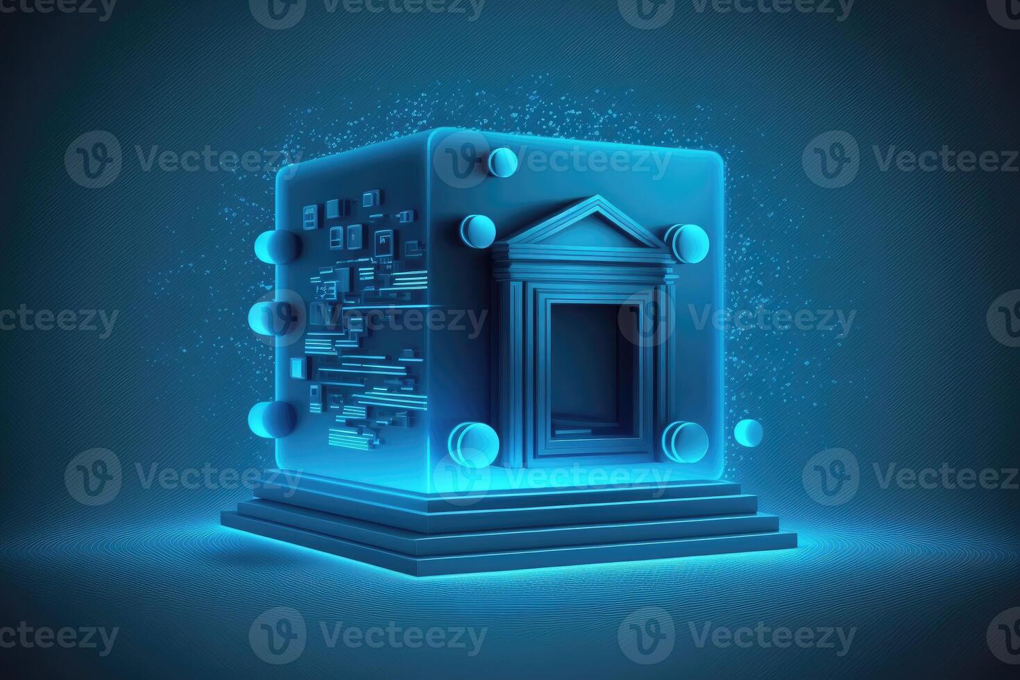 ai generado brillante azul digital banco icono en azul fondo con burlarse de arriba lugar. en línea bancario y transacción concepto. foto