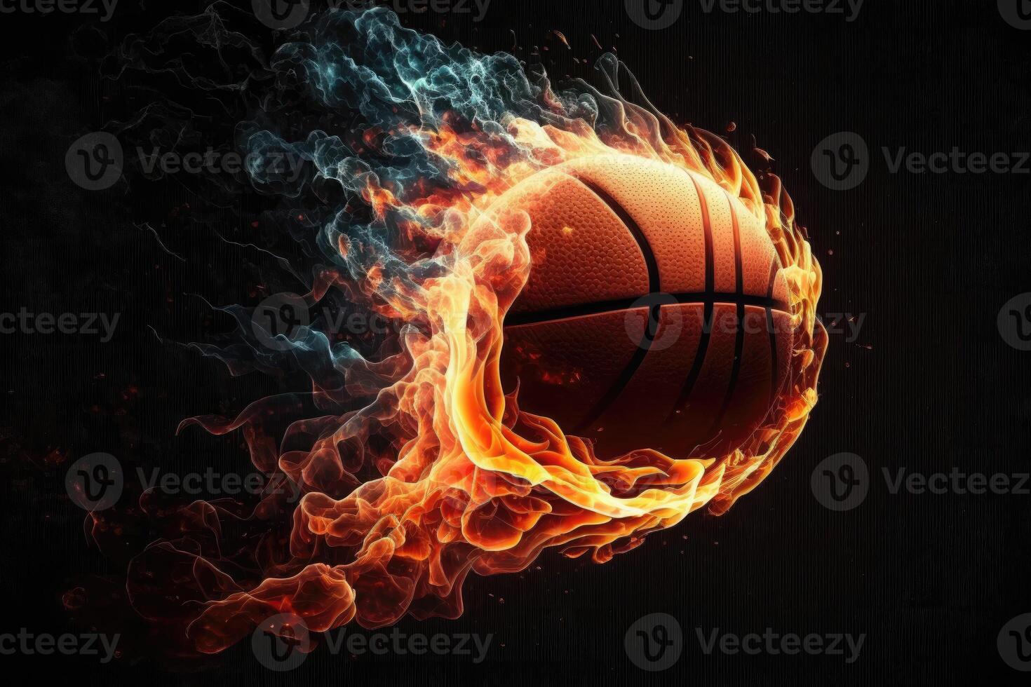 Flaming basketball in mid-air on dark background. photo