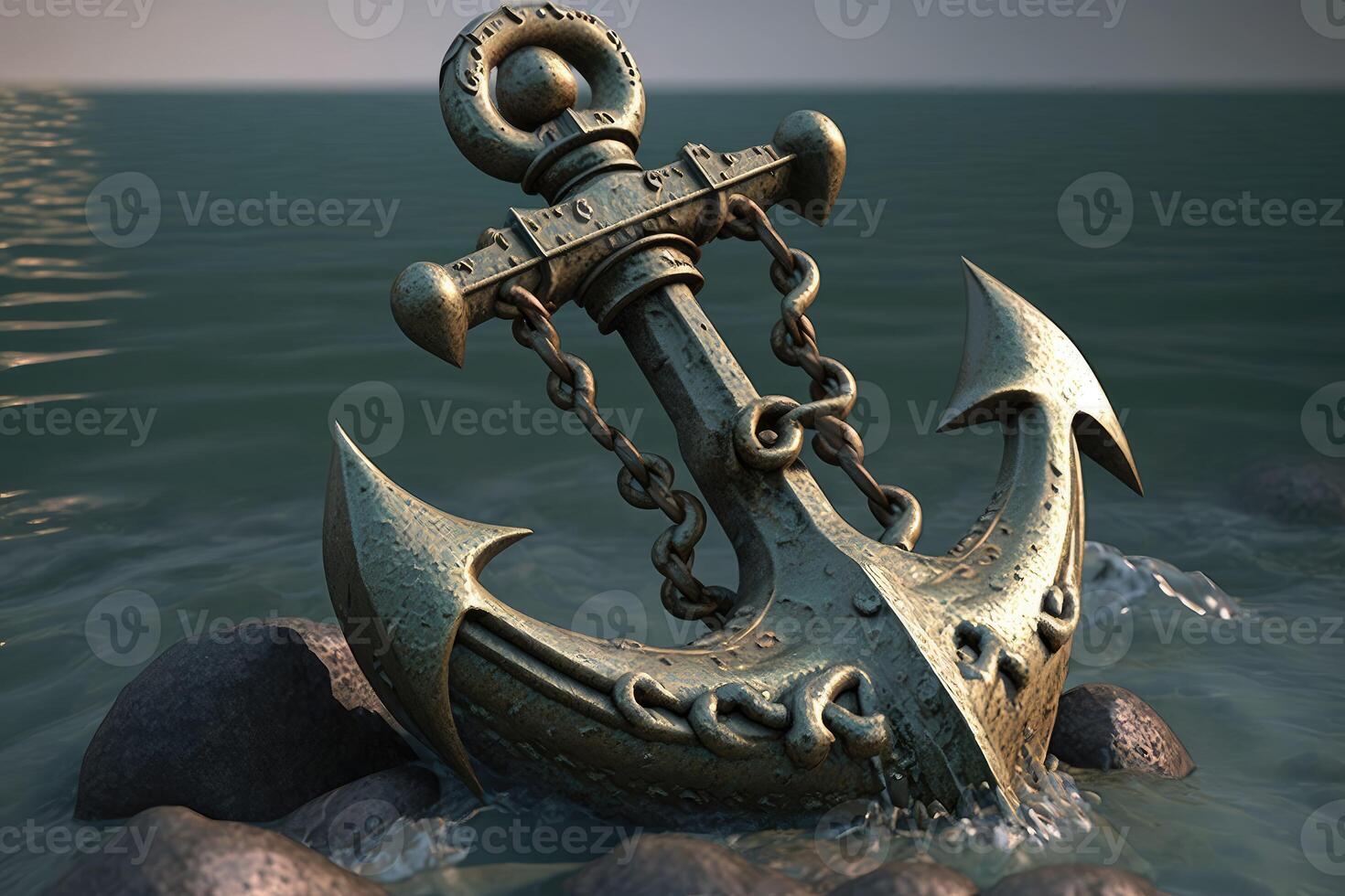 3D ancient metal anchor drop to the water. photo