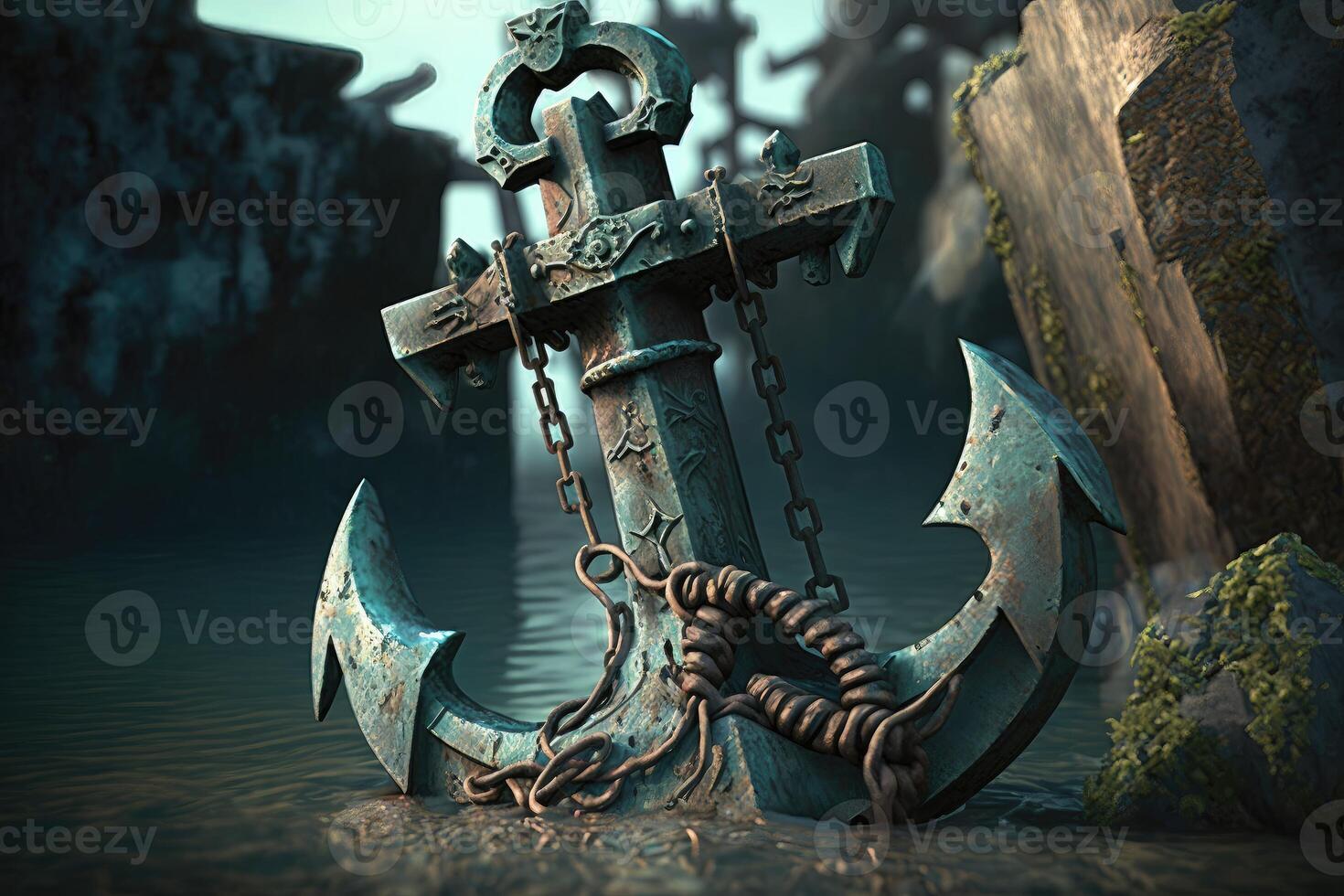 3D ancient metal anchor drop to the water. photo