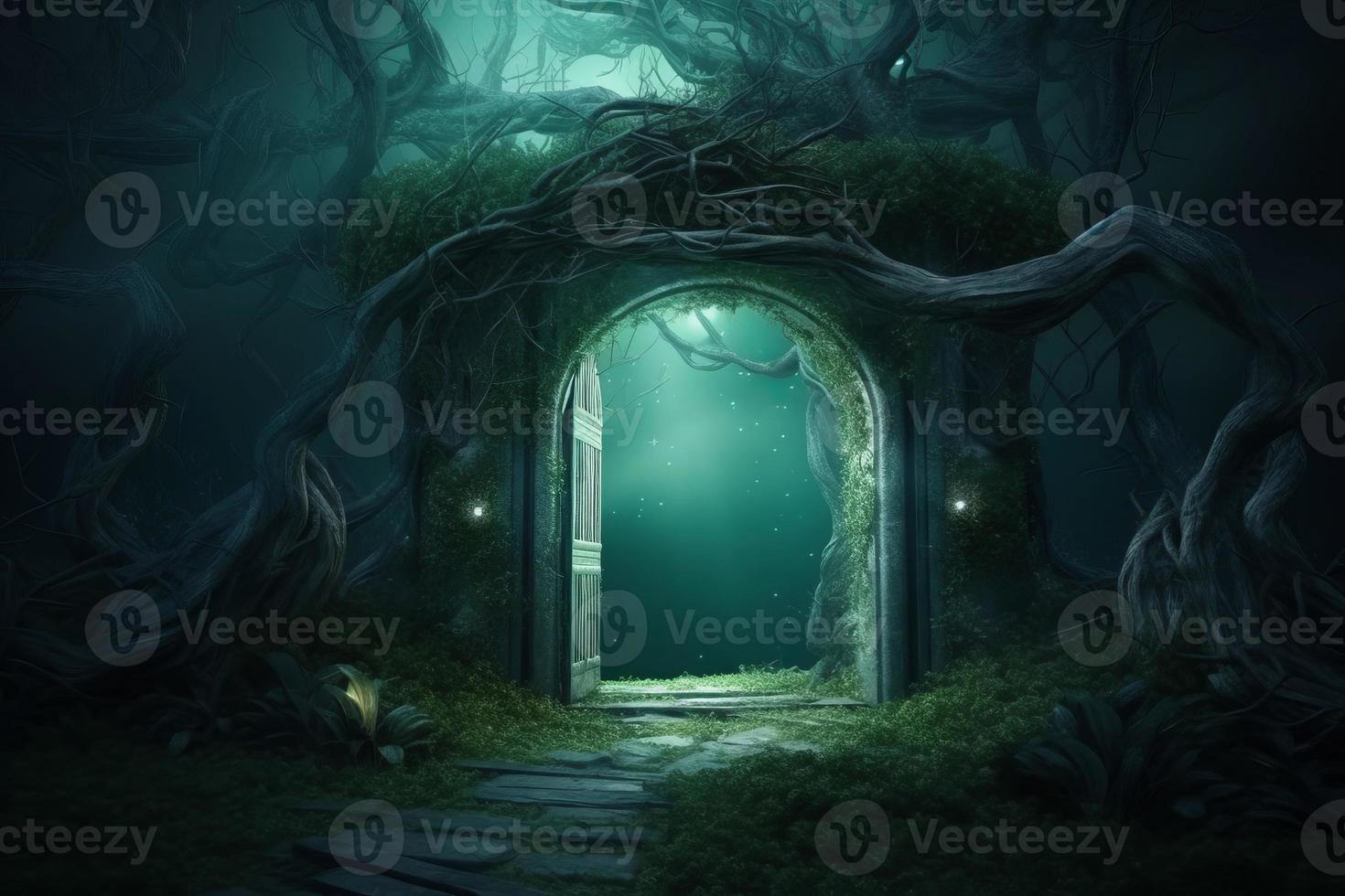 Gates to eternity in green forest. Generate Ai photo