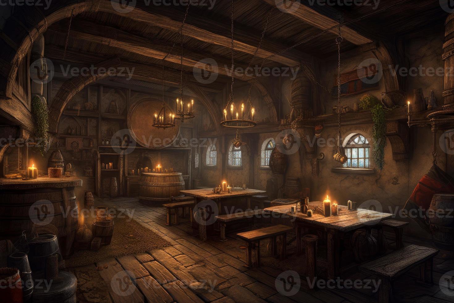 Wood medieval tavern. Generate Ai photo