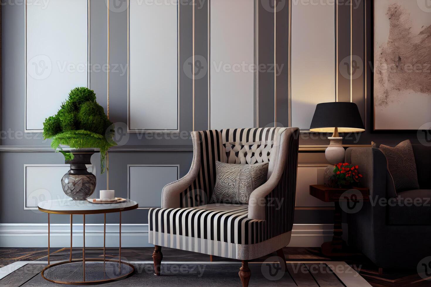 Interior of modern living room with coffee table and empty wall . photo