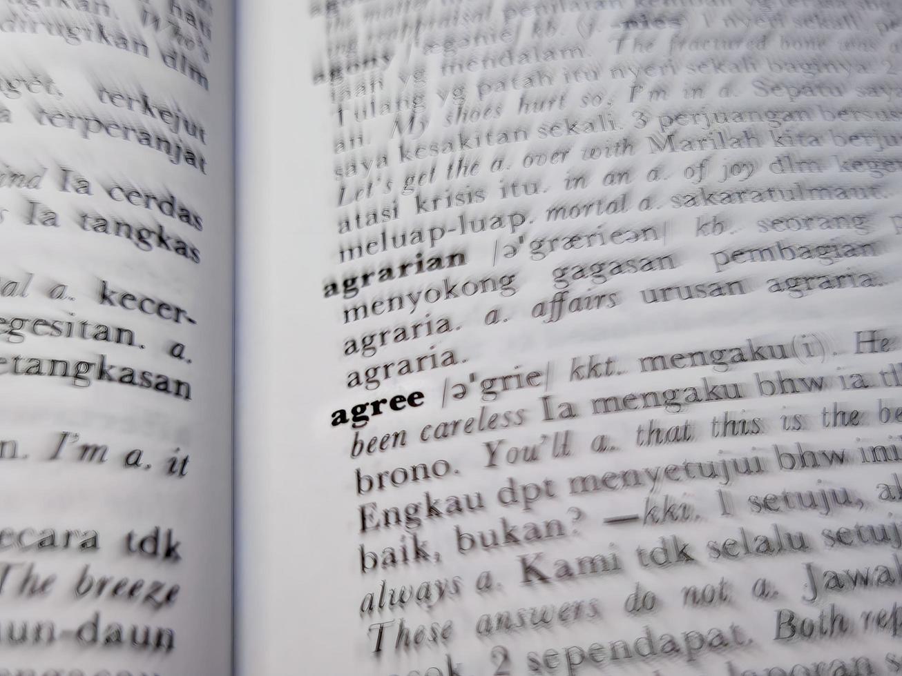 a close up of the word agree in the English to Indonesian dictionary. For word background or wallpaper photo