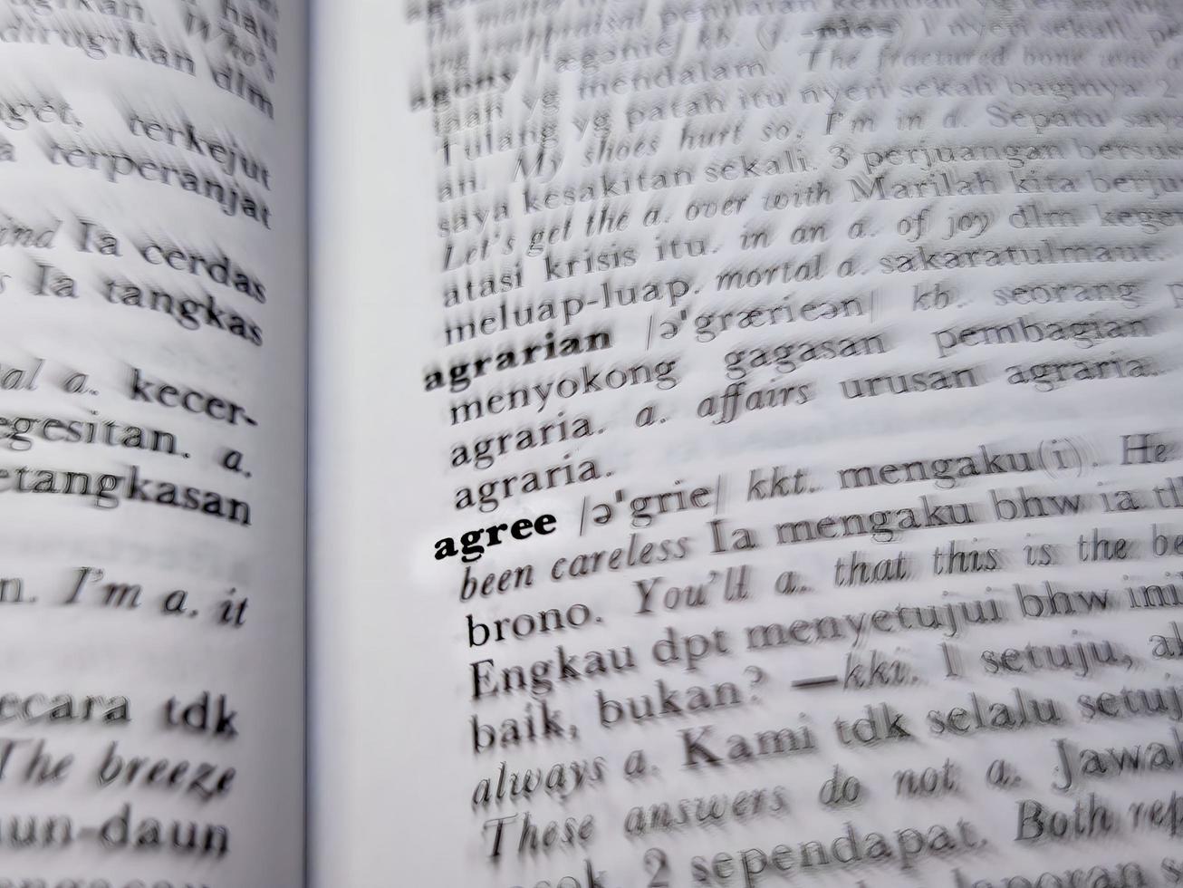 a close up of the word agree in the English to Indonesian dictionary. For word background or wallpaper photo