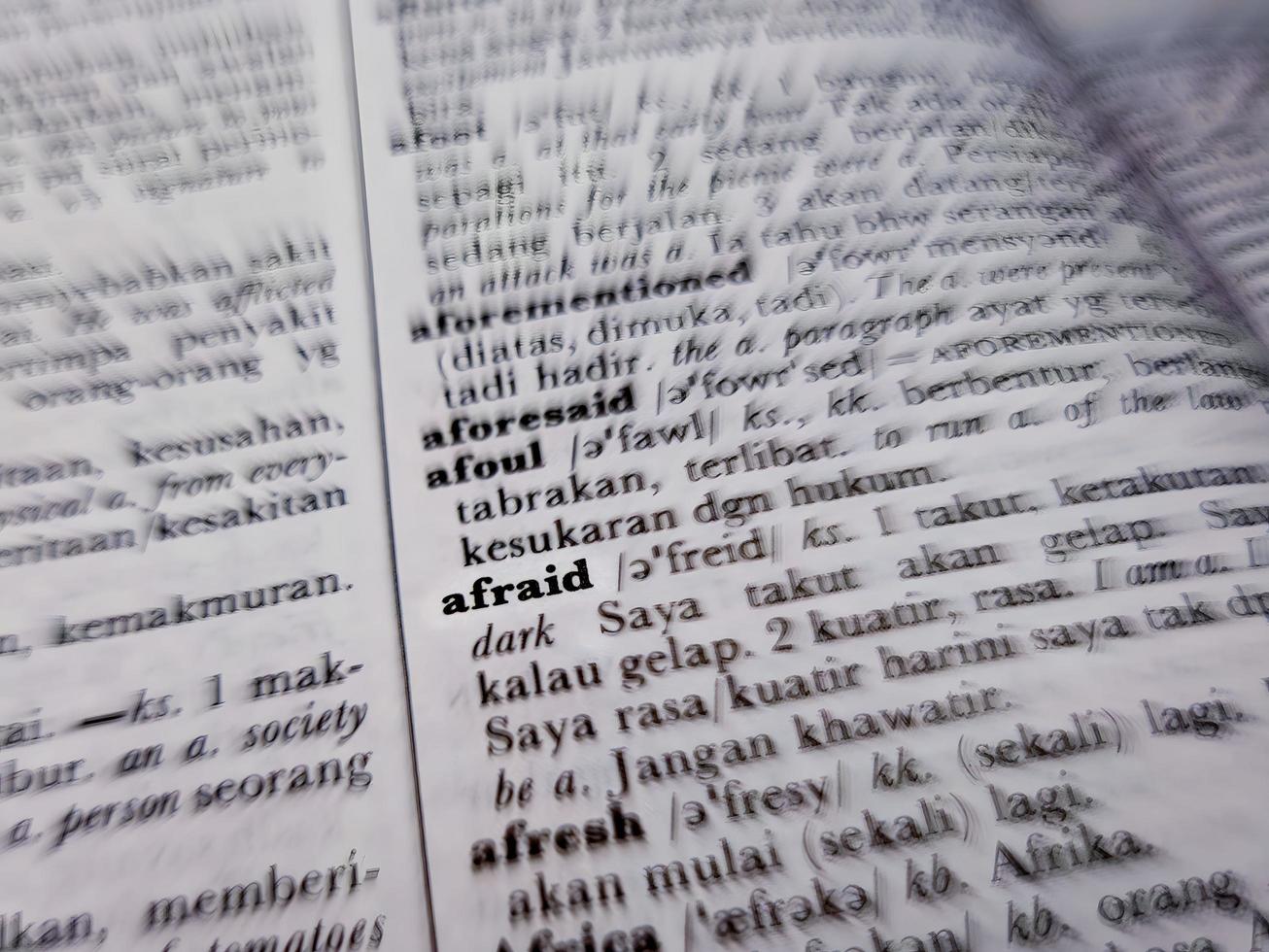 a close up of the word afraid in the English to Indonesian dictionary. For word background or wallpaper photo