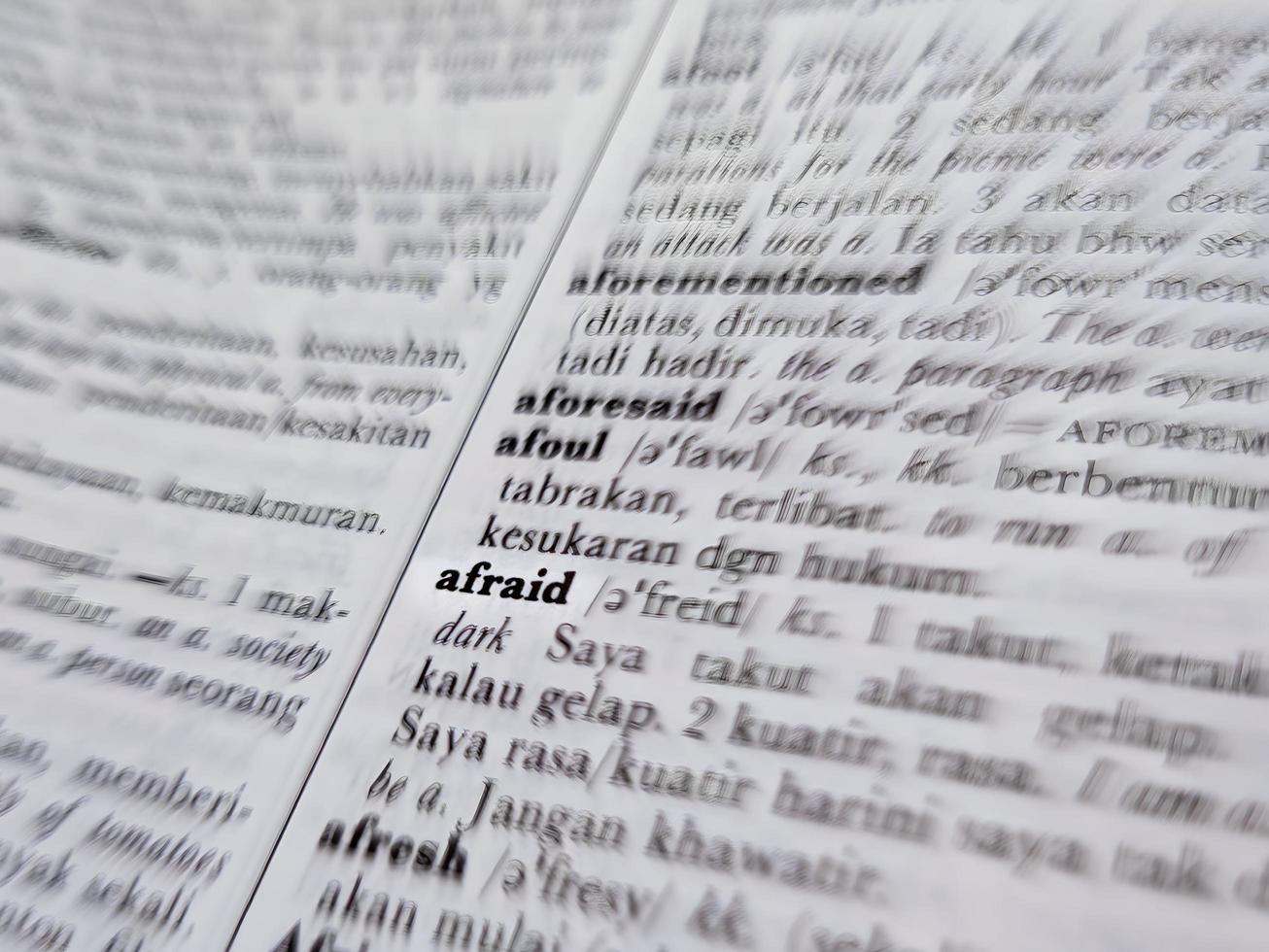 a close up of the word afraid in the English to Indonesian dictionary. For word background or wallpaper photo
