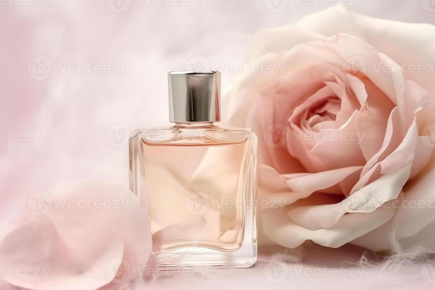 perfume botella con pastel rosado Rosa. generativo ai foto