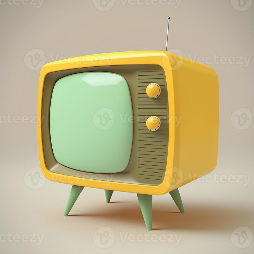 Mid century vintage yellow tv on green background. Retro television. AI