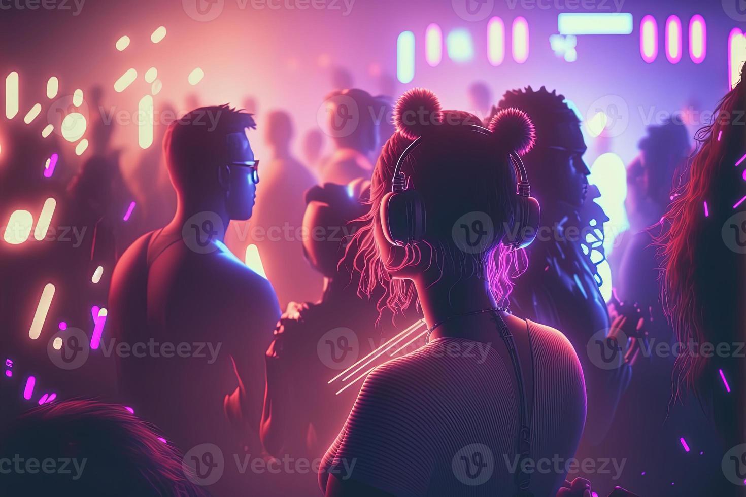 Silhouette of people at concert or music festival with neon lights. AI photo