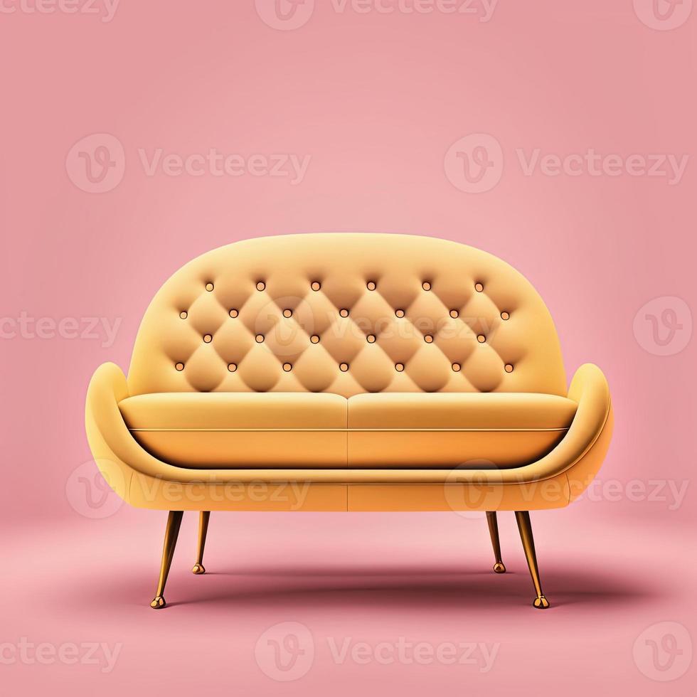 Mid century yellow accent sofa on pink background photo