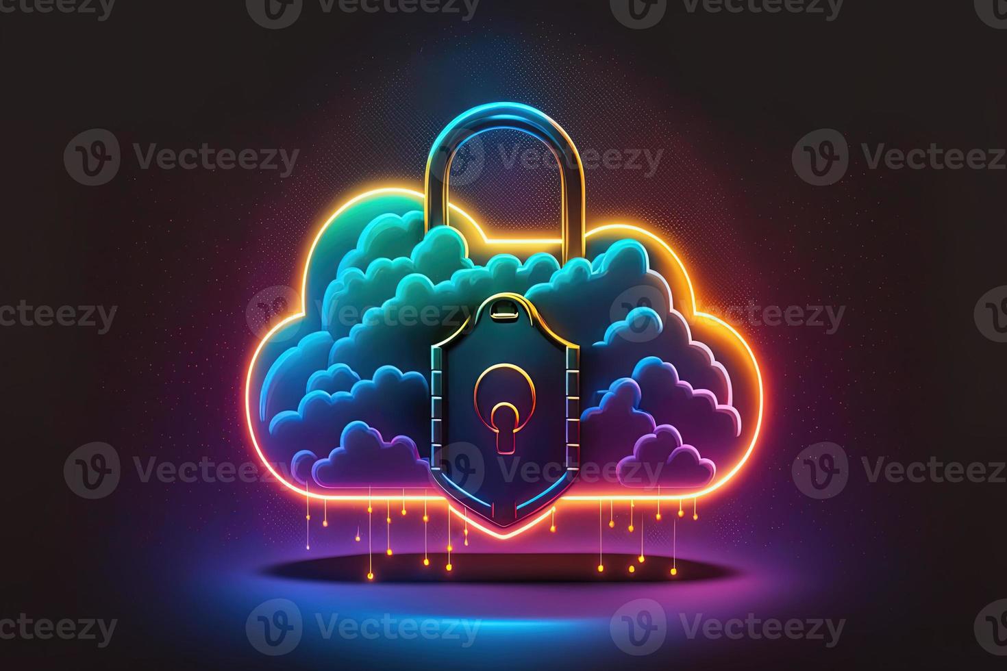 Neon cloud with locked padlock. Concept of data protection, security technology. AI photo
