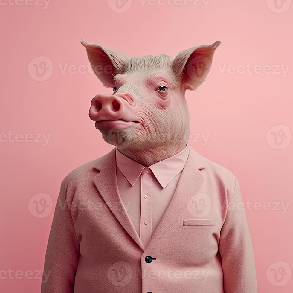 Fashion boar pig in suit. Pink monochrome portrait. photo