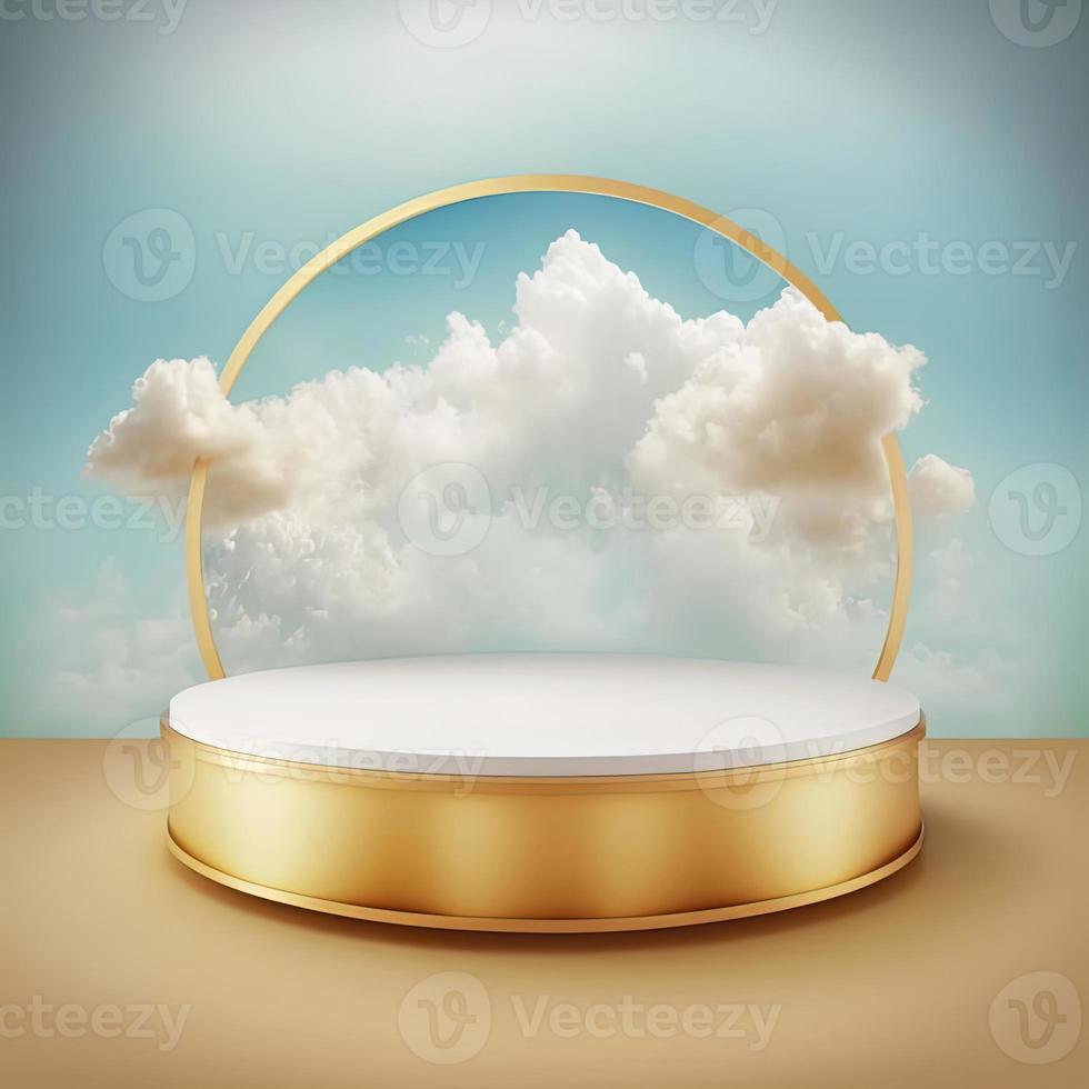 Product display podium with platform gold geometric shapes on white background. 3D photo
