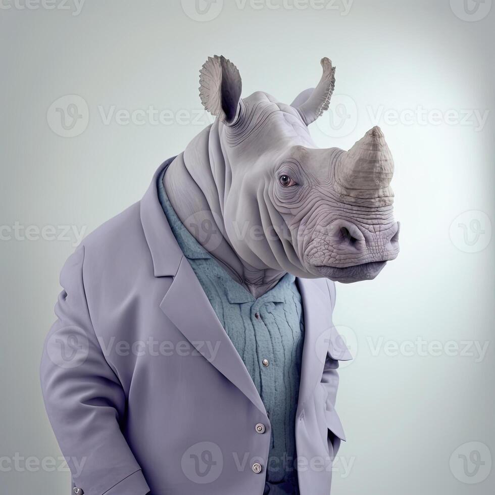 Fashion rhino in shirt. Light blue monochrome portrait. photo