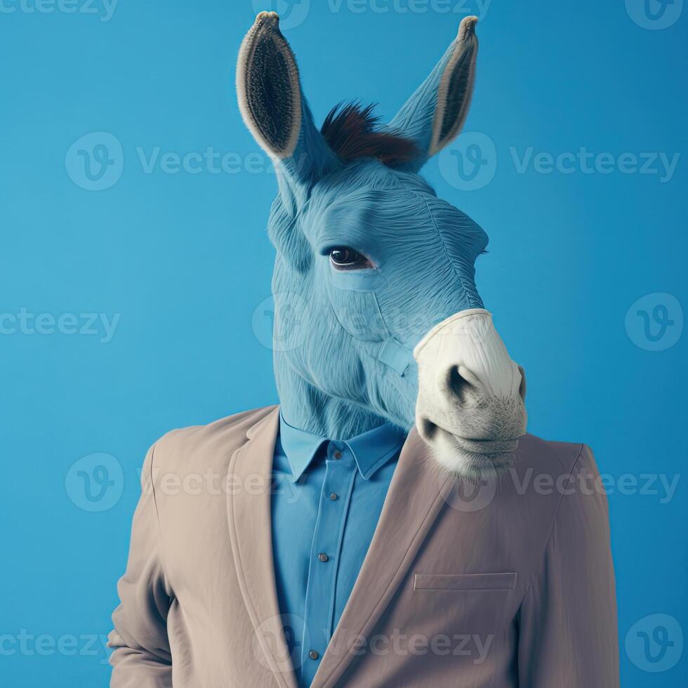 Fashion donkey in suit. Blue monochrome portrait. photo