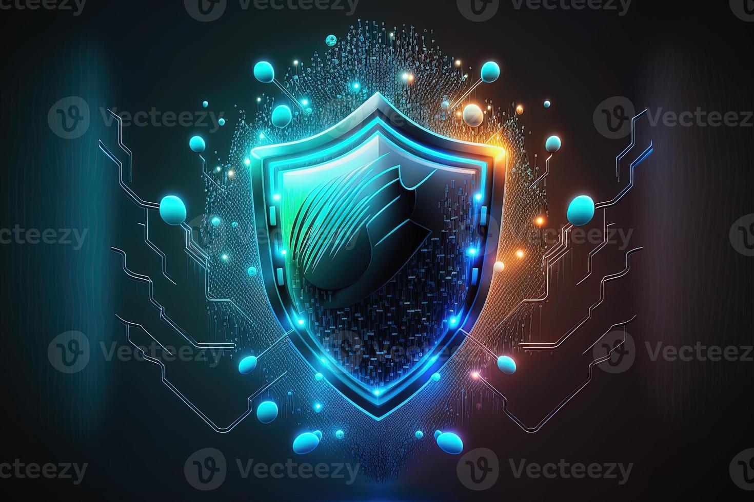 Neon data with security shield. Concept of protection, cyper safety. AI photo