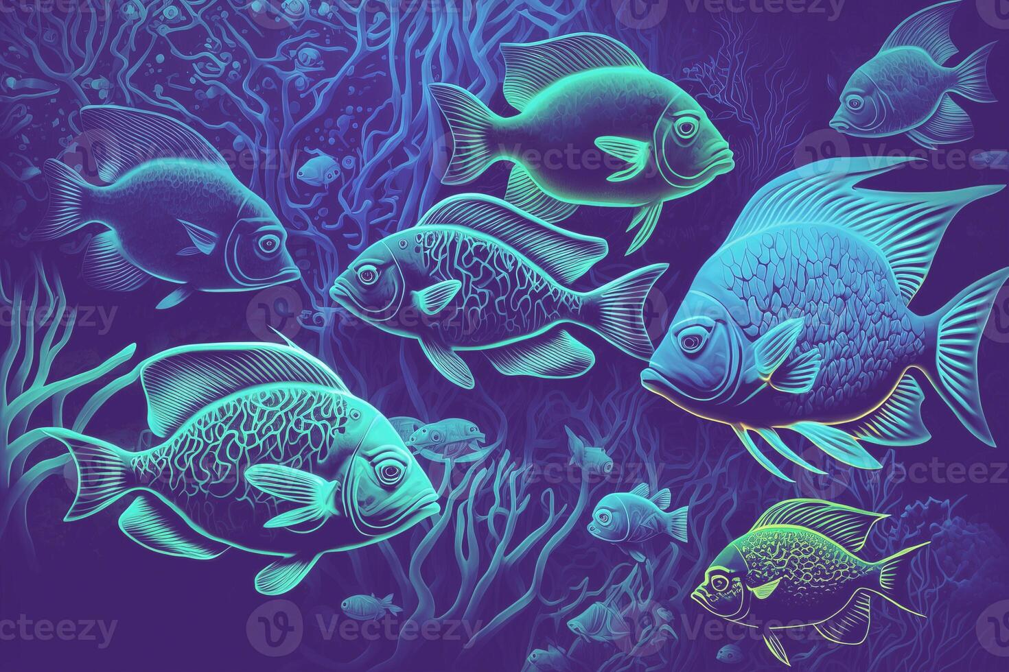 Fish background in blue neon colors. Shoal of fish. photo
