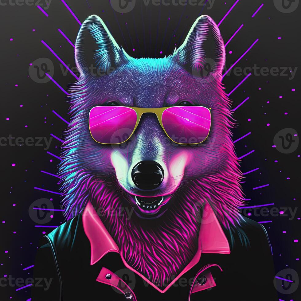 Cool neon party wolf in sunglasses. . Not based on any actual scene photo