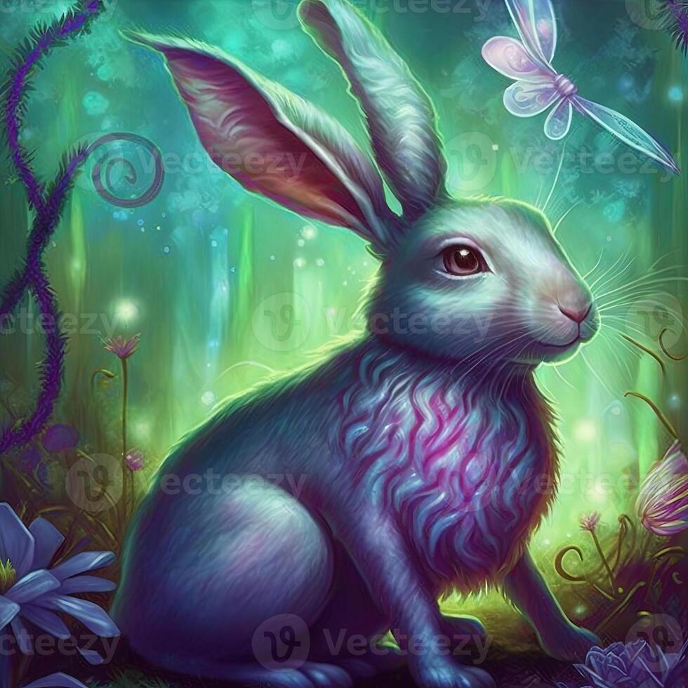 Neon psychedelic rabbit in enchanted forest. . Not based on any actual scene or pattern photo