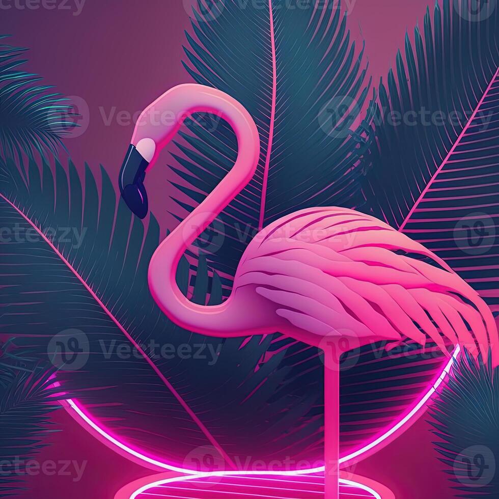 Neon music summer party poster with flamingo Generative AI. Not based on any actual scene photo