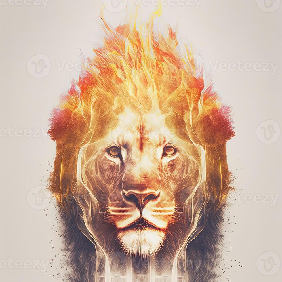 Double exposure of lion head and fire. . Not based on any actual scene photo