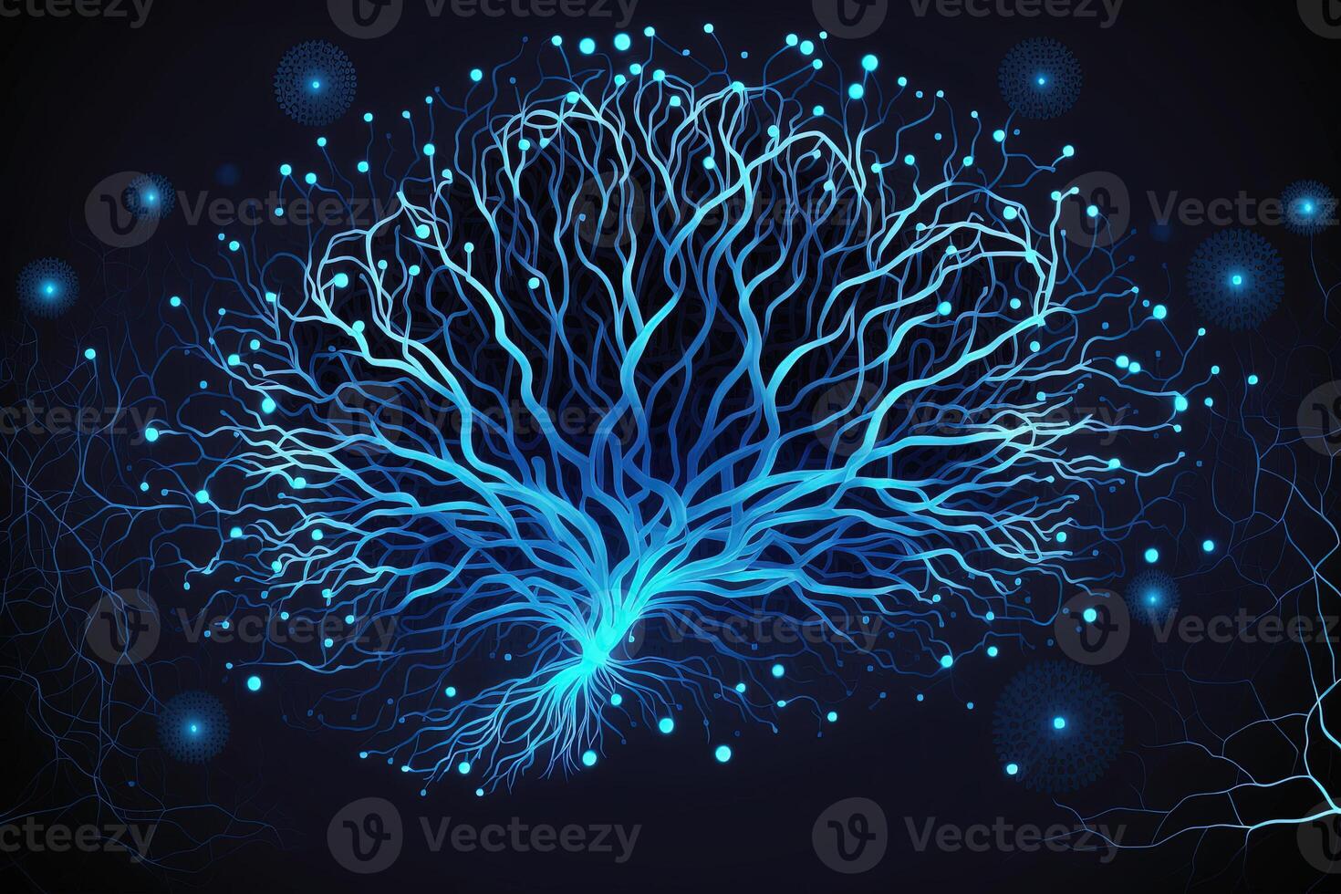 Brain connection network on blue neon abstract background. Generaive AI photo