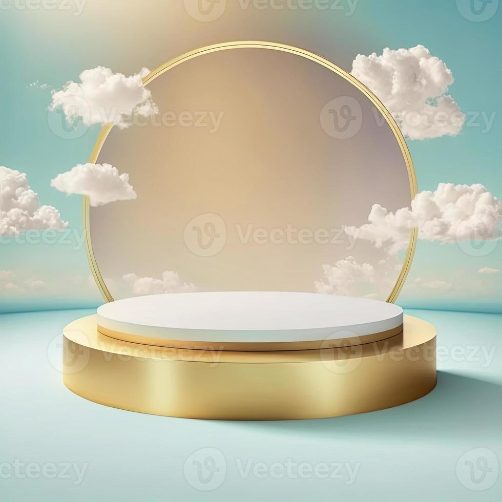 Product display podium with platform gold geometric shapes on white background. 3D photo