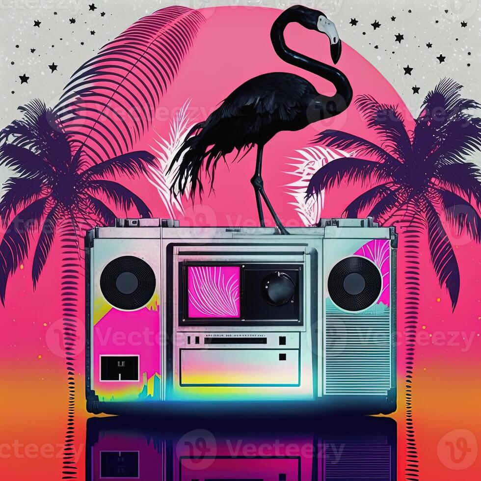 80s or 90s retro music summer party poster with boombox . Not based on any actual scene photo