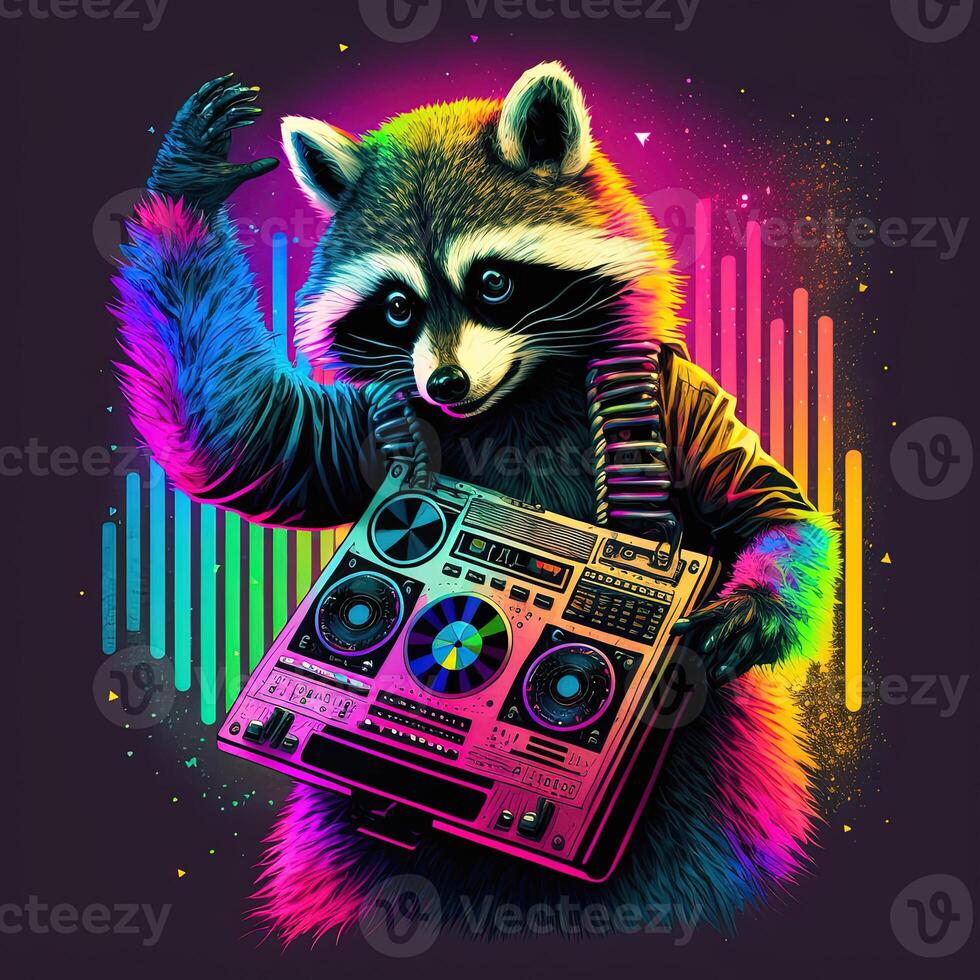 Neon raccoon dj on party photo