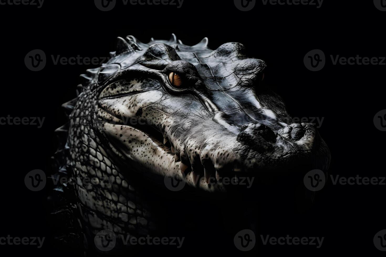 Close up view crocodile. Wild animal isolated on a black background. Neural network photo