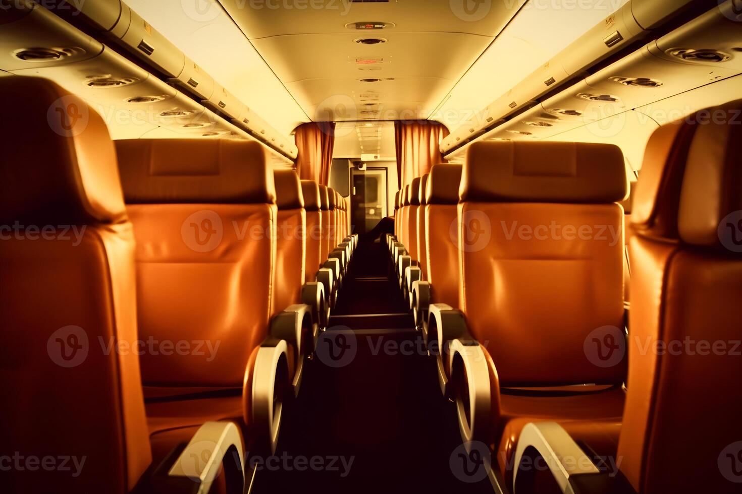 Inside empty passenger aircraft cabin. Neural network photo