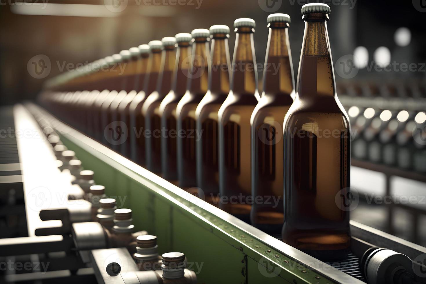 Beer bottles on the conveyor belt. Beverage manufacturing brevery. Neural network generated art photo