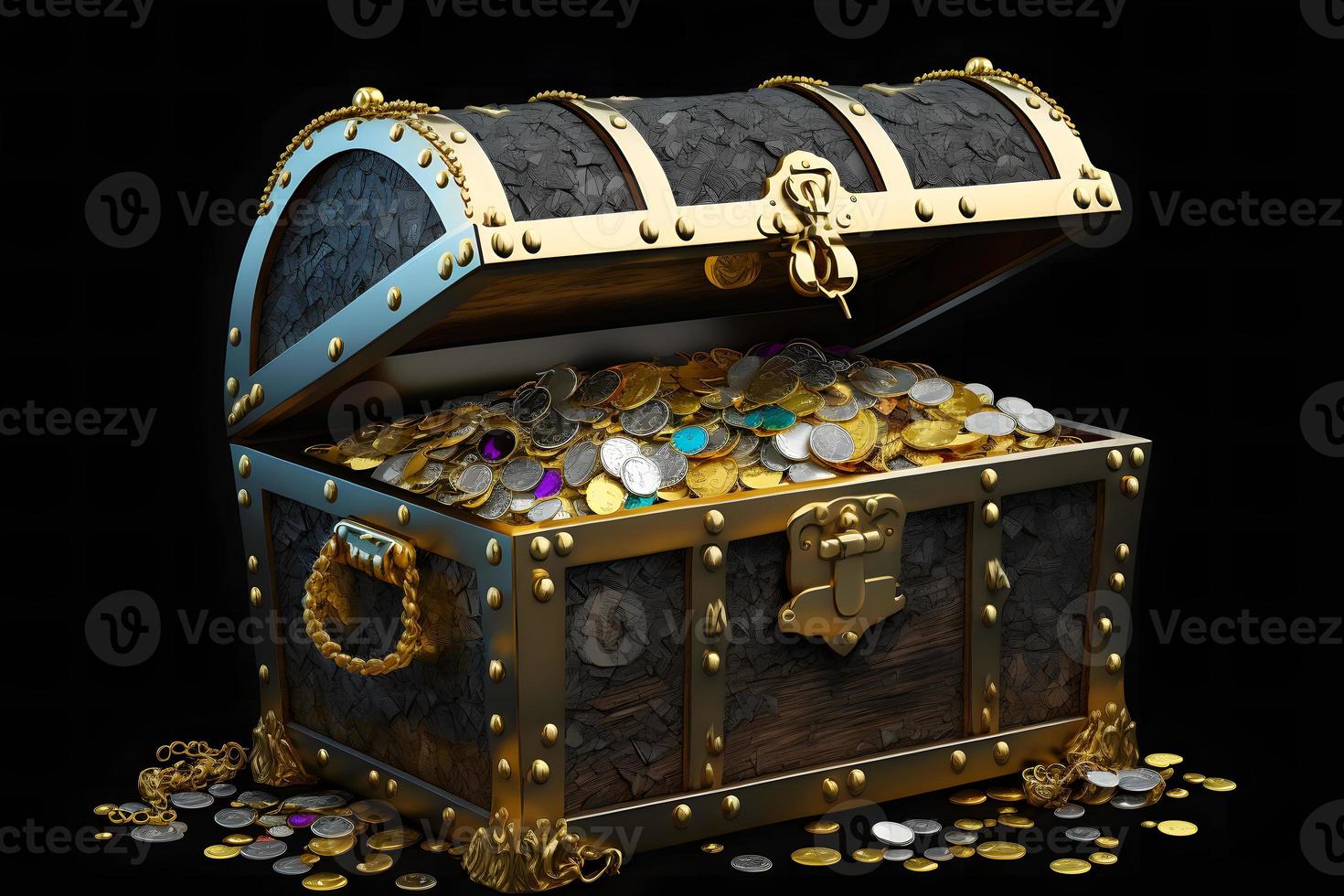 Open treasure chest filled with gold coins and expensive pirates loot on black background. Neural network generated art photo