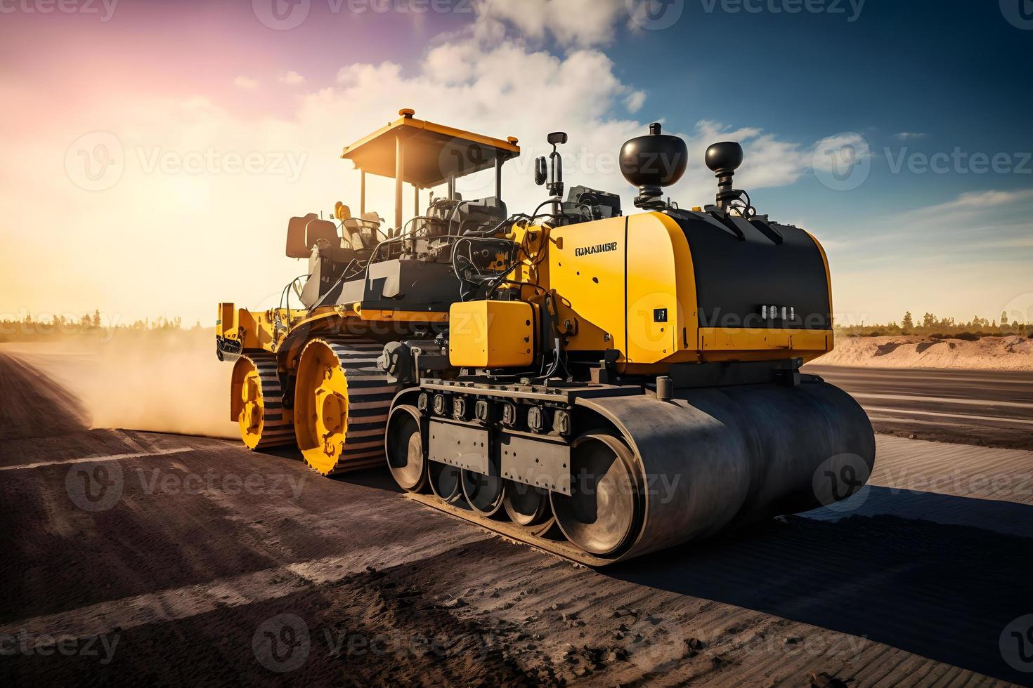 Worker operating asphalt paver machine finisher during road construction and repairing works. Neural network generated art photo