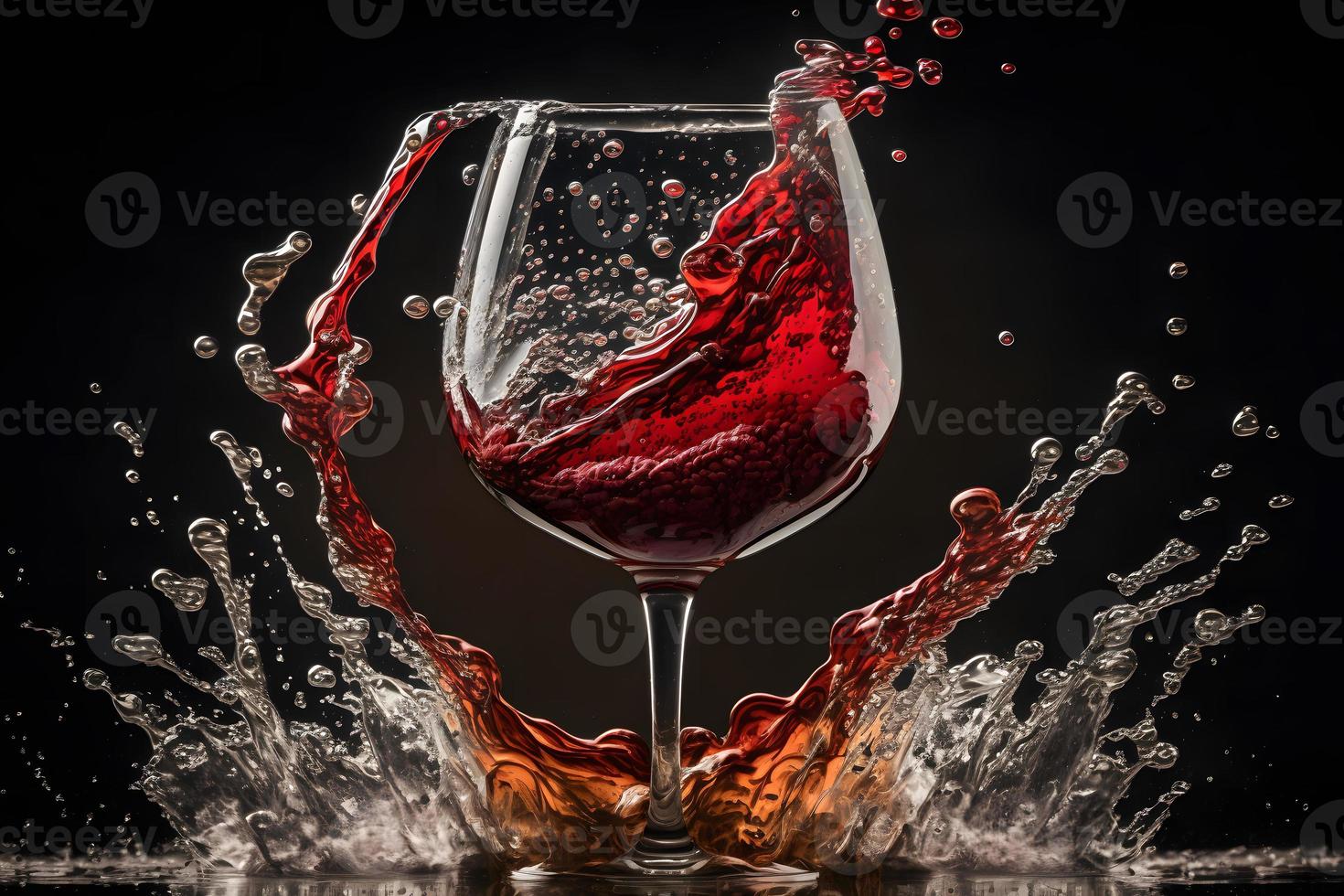 Glass with splash of red wine on black background. Neural network generated art photo