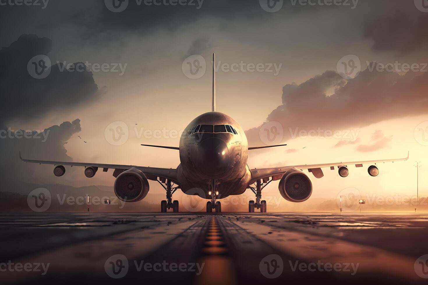 Sunset view of airplane on airport runway under dramatic sky. Neural network photo
