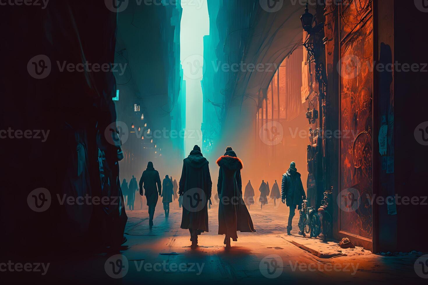 Crowd of people in neon night city. Neural network photo