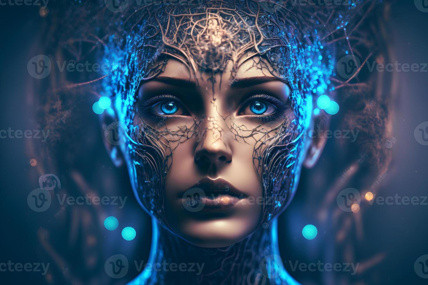 Modern futuristic female humanoid robot portrait with technology details on face. Neural network generated art photo
