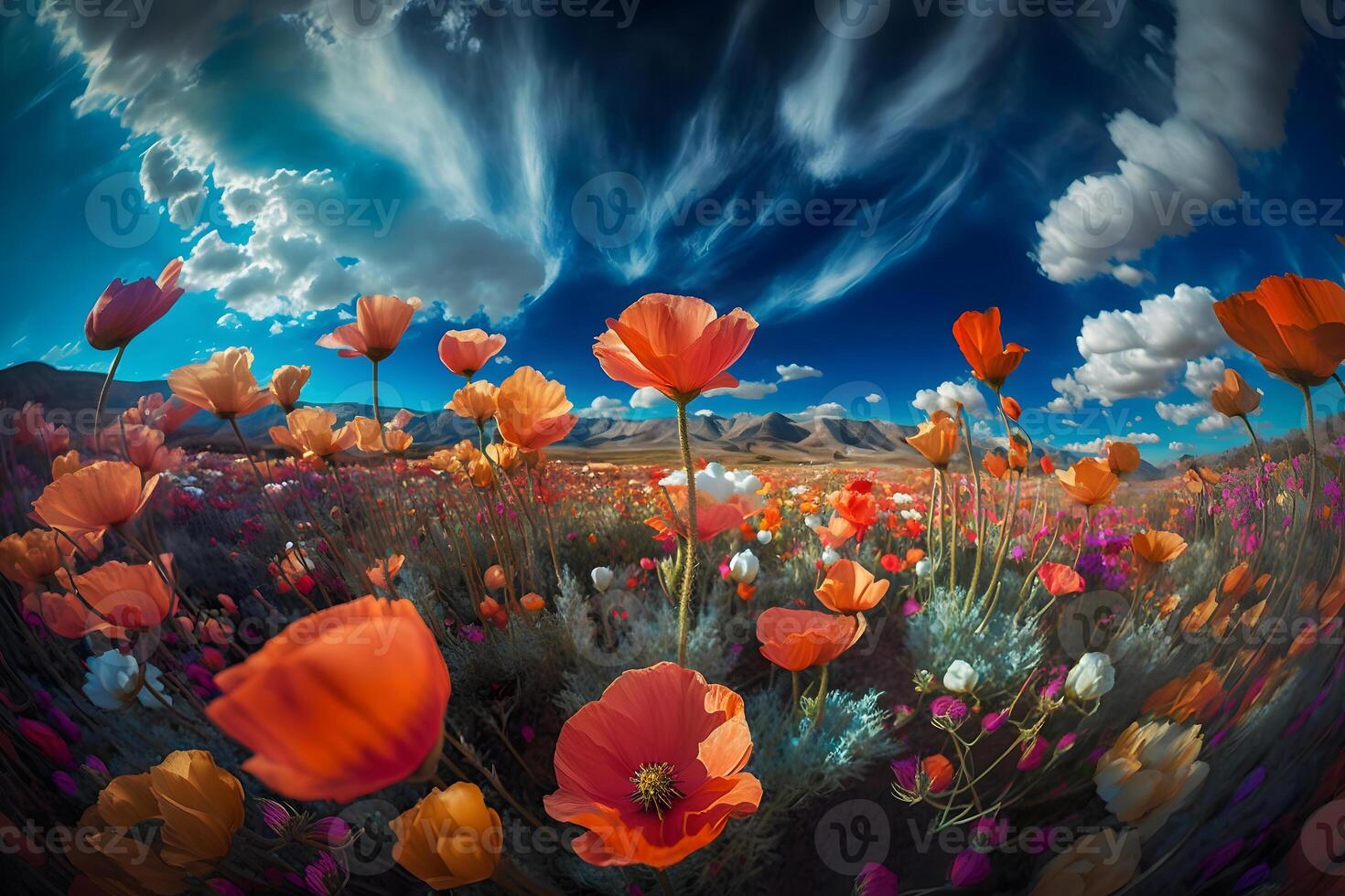 Landscape with nice sunset over poppy field - panorama. Neural network photo