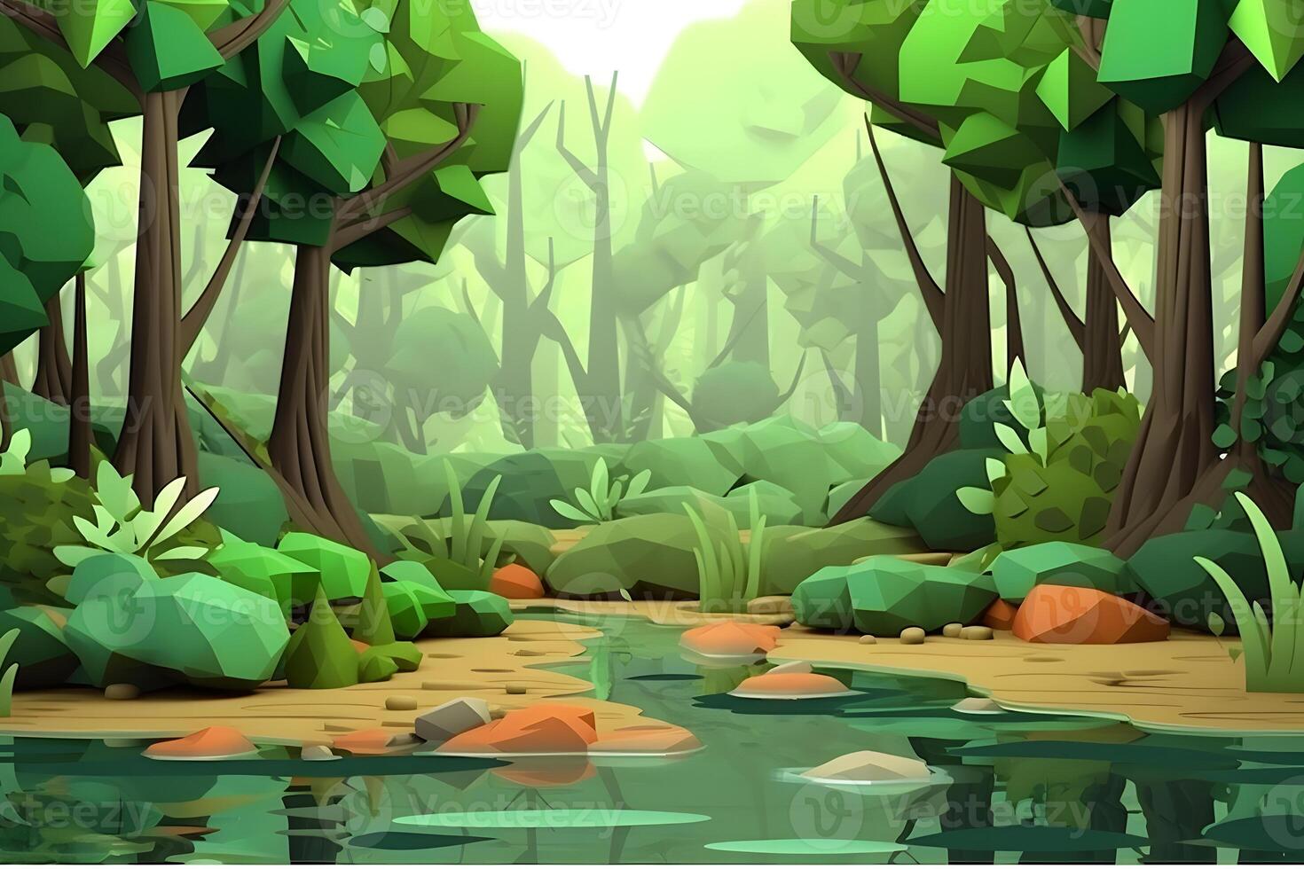 bosque río paisaje en dibujos animados estilo. neural red ai generado foto