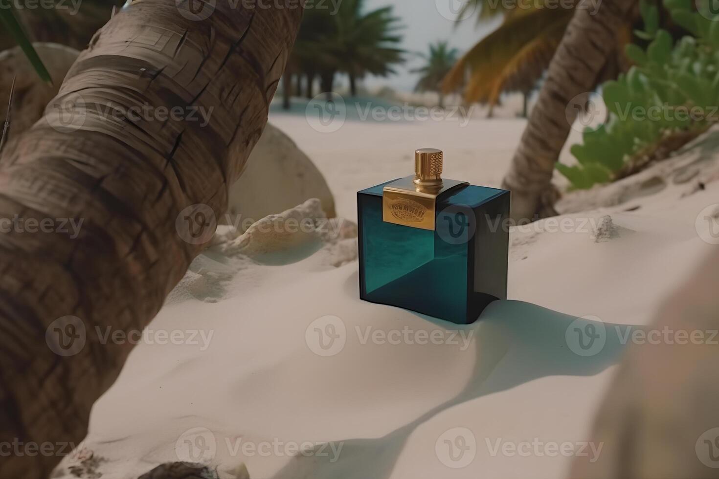 A bottle of perfume on the seashore is enveloped in a wave. Yellow sand on the beach, marine cosmetics and fragrance. Neural network photo