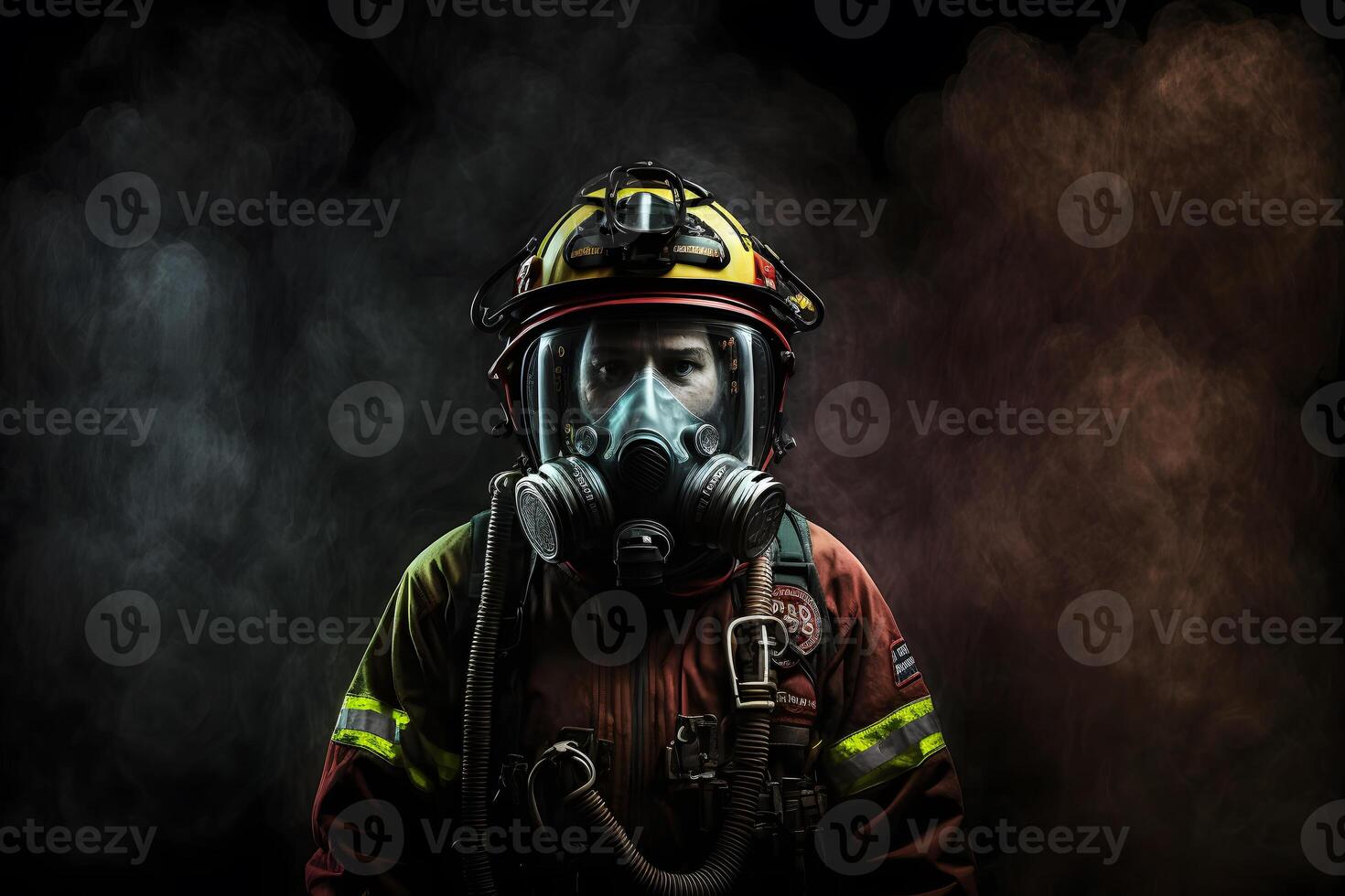 Close up portrait of face firefighter wearing protective uniform and an protective mask. Neural network photo