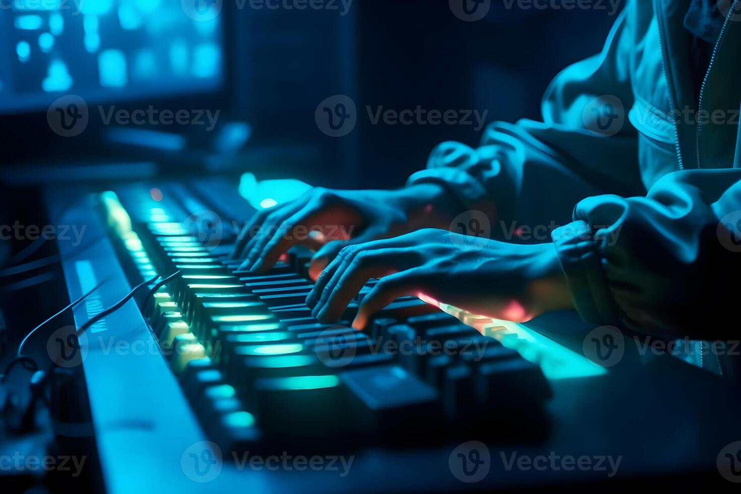 Hacker uses keyboard, shakes buttons with fingers to crack password. Internet security concept, cyber attack. Neon blue color. Neural network photo