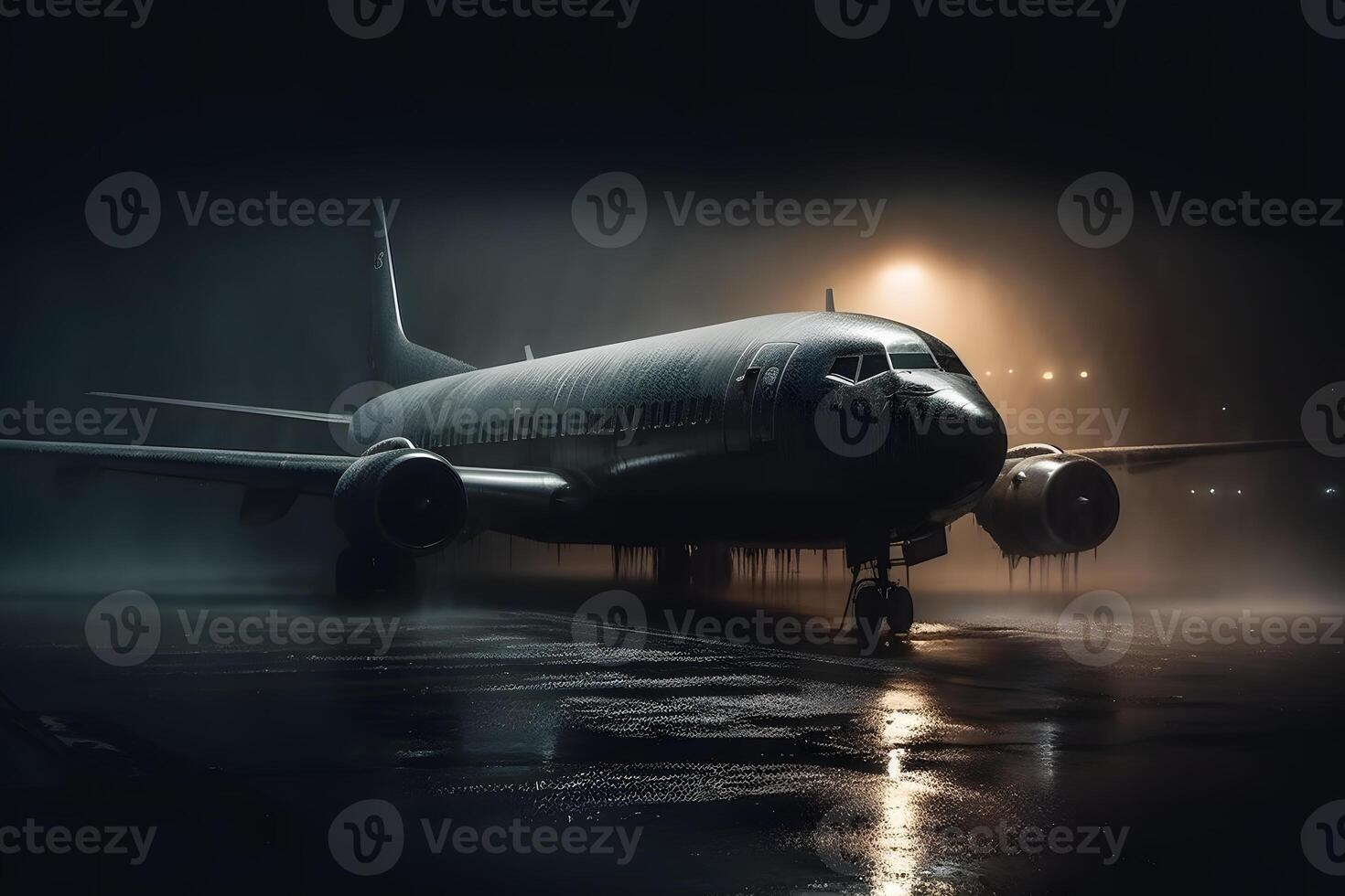 Airplane at the airport at night in the rain. Neural network photo